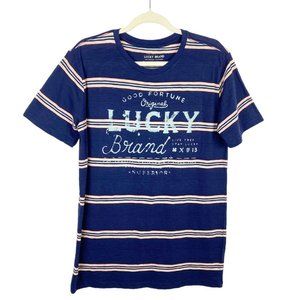 Lucky Brand Boys Kids Striped Good Fortune T-Shirt Navy Blue Pink Size XL